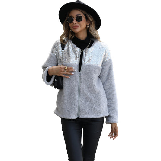 Autumn fashion new casual plush women's long-sleeved sequined cardigan round neck loose coat