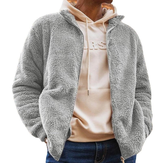 Autumn and winter new men's casual plush jacket loose hooded zipper solid color