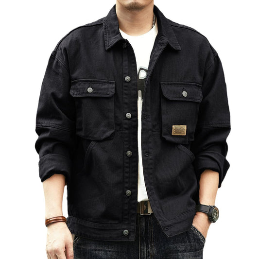 Men's work jacket, spring and autumn loose retro lapel jacket, casual and handsome denim jacket