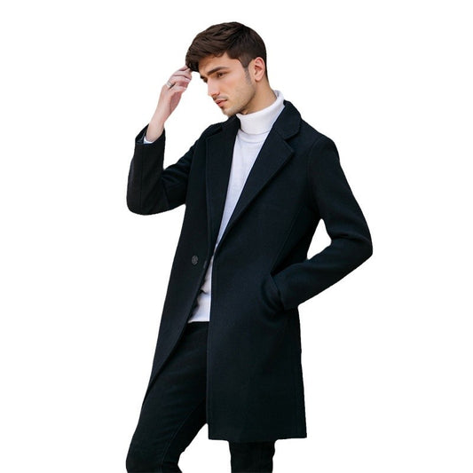 Autumn and winter new lapel men's mid-length windbreaker jacket casual thick woolen coat