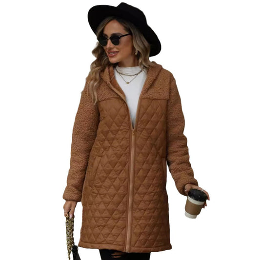 Autumn and winter new women's loose hooded zippered plush coat without fur collar